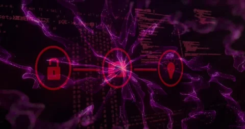 Animation of connected icons over abstract pattern against computer language on Stock Footage 329414519