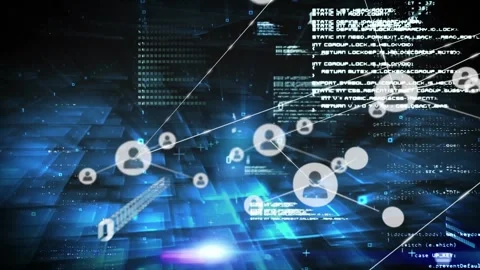 Animation of connected icons over binary codes and computer language on illumina Stock Footage 244313015