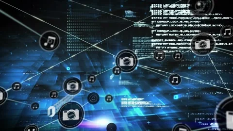 Animation of connected icons over binary codes and computer language on Stock Footage 326192766