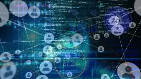 Animation of connected icons over computer language against 3d model of cars and Stock Footage 326880851