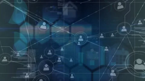 Animation of connected icons over computer language against hexagon pattern in Stock Footage 328712290