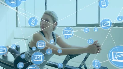 Animation of connected icons over diverse friends talking while exercising in Stock Footage 329568803