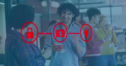 Animation of connected icons over diverse coworkers discussing in tea break at Stock Footage 329707857