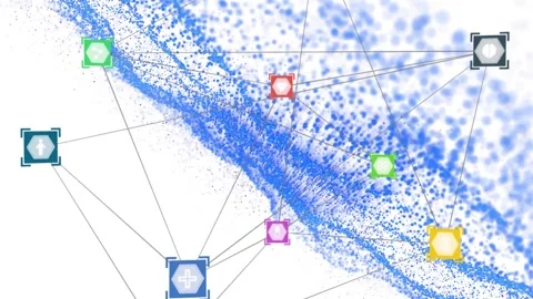 Animation of connected icons over dynamic wave pattern against white background Video stock 257174374