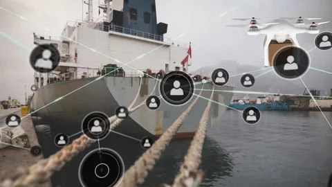 Animation of connected icons over flying drone carrying cardboard box against Stock Footage 326103697