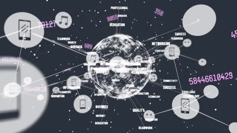 Animation of connected icons over globe, multiple texts, changing numbers Stock Footage 329864118