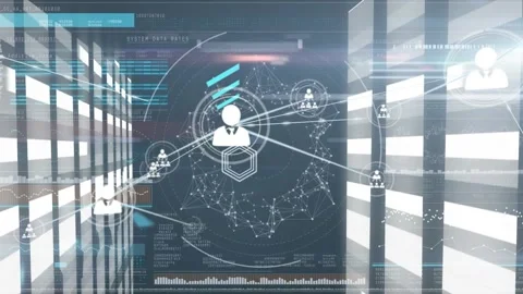 Animation of connected icons over hexagon patterns, graphs, dots forming Stock Footage 330469422