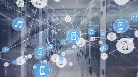 Animation of connected icons over human eye and falling bars against server room Stock Footage 326412092