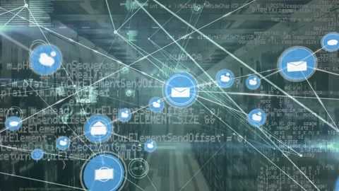 Animation of connected icons over programming language against server room in 動画素材 327643240
