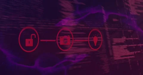 Animation of connected icons over programming language against abstract Stock Footage 329854477