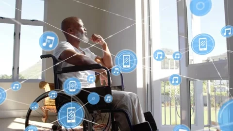 Animation of connected icons over senior african american man on wheelchair Stock Footage 328595290