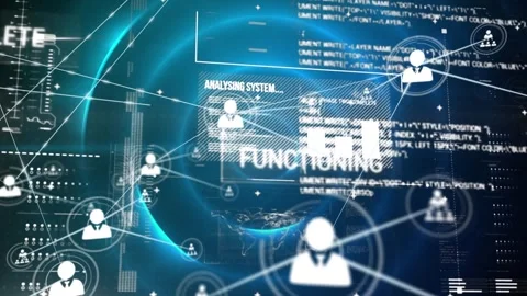 Animation of connected icons over texts, graphs, map over computer language and Stock Footage 327127744