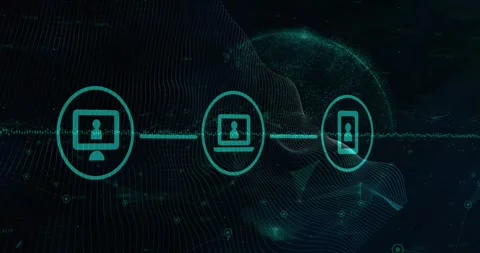 Animation of connected icons over wave pattern against graph and globe on black Stock Footage 244866317