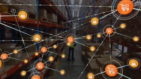 Animation of connected icons over workers with cardboard boxes using hoverboard Video stock 329289496