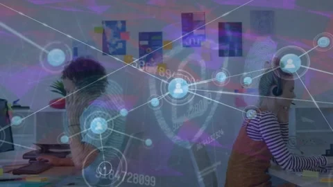 Animation of connected icons, padlock in shield, fingerprints, numbers, diverse Stock Footage 329854350