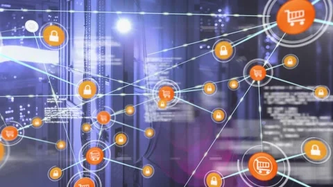 Animation of connected icons, programming language and lens flare against server 動画素材 325965938