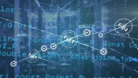 Animation of connected icons, programming language, graphs, lens flares against 動画素材 326627298