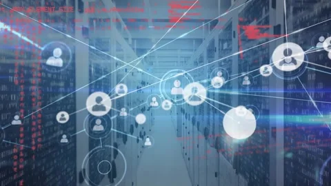 Animation of connected icons, programming language and lens flares against 動画素材 327527571