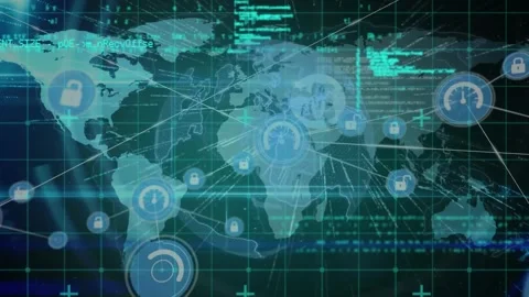 Animation of connected icons, programming language with rotating globe and map 動画素材 330590989