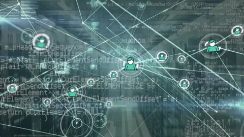 Animation of connected icons, sound waves, programming language and lens flare 動画素材 327956531