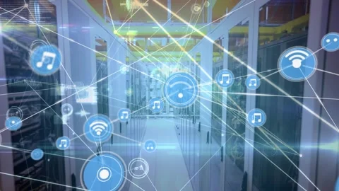 Animation of connected icons, timer in circles against server room in background Stock Footage 326032703