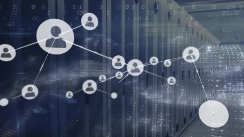 Animation of connected icons, wave pattern and binary codes against server room Stock Footage 327846346
