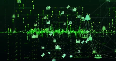 Animation of connected multiple icons forming globe over illuminated numbers and Stock Footage 330168627