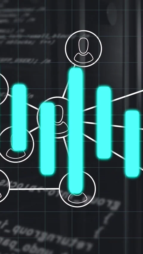 Animation of connected profile icons and blue lines with coding over network Stock Footage 321111176