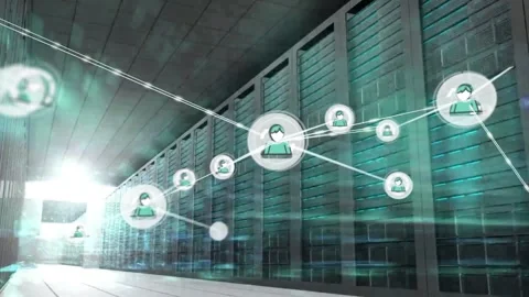 Animation of connected profile icons, graph, lens flare, numbers and map over Stock Footage 326100328