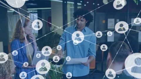 Animation of connected profile icons over diverse businessman presenting report Stock Footage 328712584