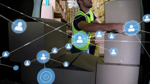 Animation of connected profile icons over caucasian delivery man loading boxes Stock Footage 330105950