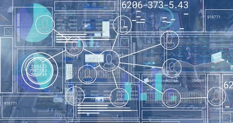 Animation of connected profile icons over graphs, loading square against aerial Stock Footage 330662141
