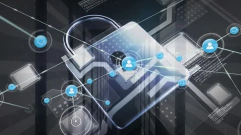 Animation of connected profile icons on padlock, lines moving around squares and Stock Footage 330291596