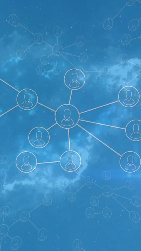 Animation of connected profiles in network over blue sky background Stock Footage 319883269