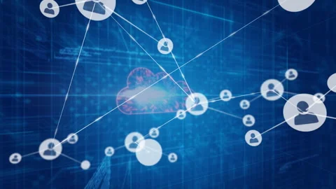 Animation of connected user icons in digital cloud computing network background Stock Footage 303869618
