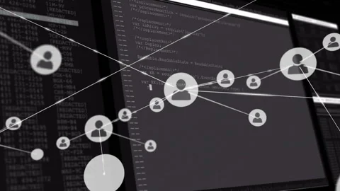 Animation of connected user icons over computer code on screen in school Stock Footage 304160146