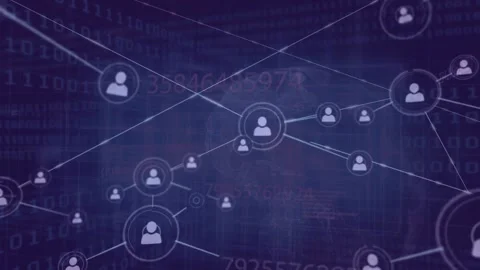 Animation of connected user icons over binary code and digital data background Video stock 329234149