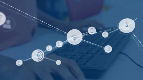 Animation of connected wifi, phone, profile icons, hands of caucasian woman Stock Footage 328358042