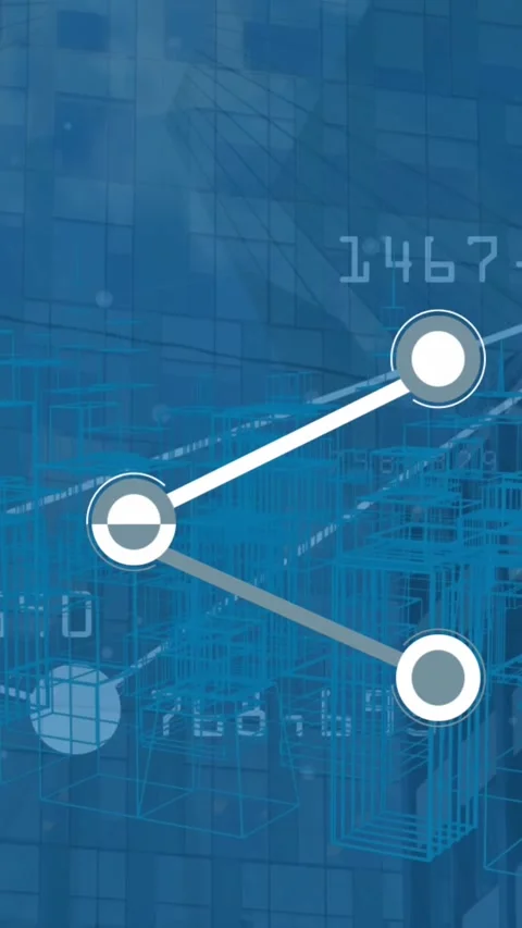 Animation of connecting dots and 3d city model spinning against tall buildings Stock Footage 341991605