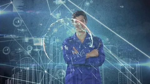Animation of connecting dots, globe, data processing, caucasian blue collar Stock Footage 327956317