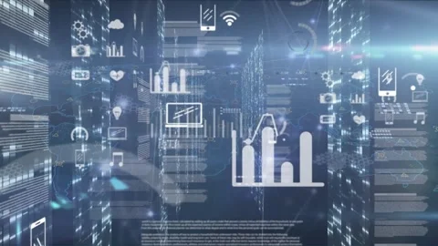Animation of connecting dots with icons, world map and data processing in server Stock Footage 327004976
