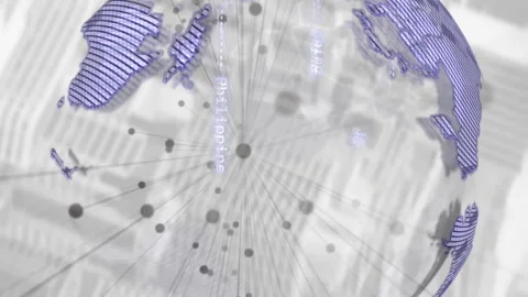 Animation of connecting grey dots over spinning globe against aerial view of Video stock 312423014