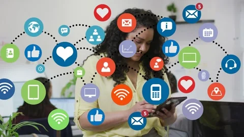 Animation of connection with tech icons over woman using tablet in office Stock Footage 329781140