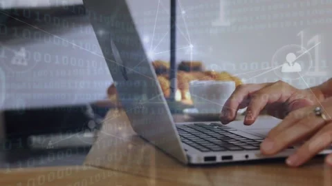 Animation of connections and binary code over hands of woman using laptop Stock Footage 326032071