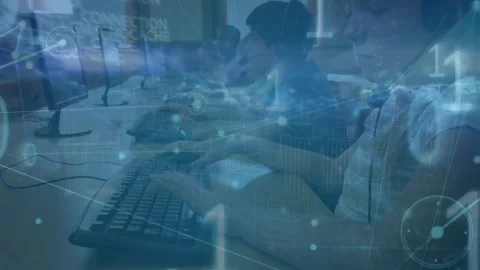 Animation of connections and binary code over happy caucasian boy with computer Stock Footage 327061454