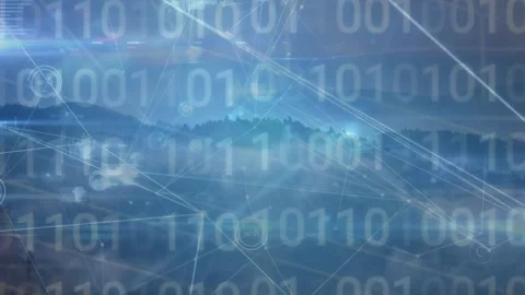 Animation of connections and binary code over landscape Vidéo 327957813
