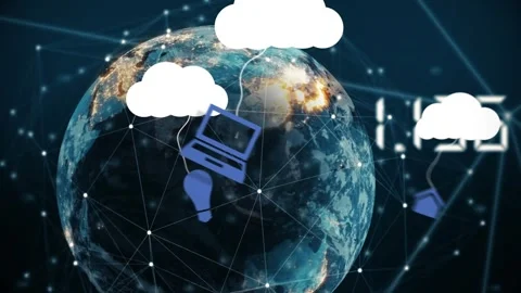 Animation of connections and clouds with tech icons over rotating globe Stock Footage 328834227