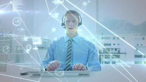 Animation of connections and data over caucasian businessman using computer over Stock Footage 329222548