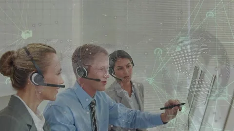 Animation of connections and data over diverse call center workers Stock Footage 329413268