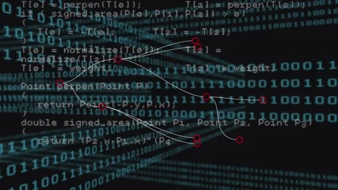Animation of connections and data processing over binary code on black Video stock 327901456